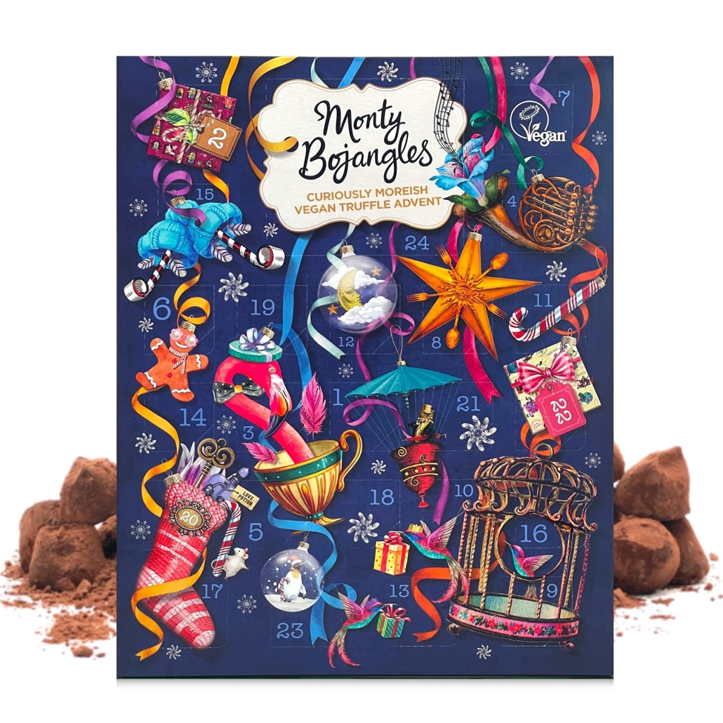 Vegan adventskalender van Monty Bojangles gevuld met truffels.